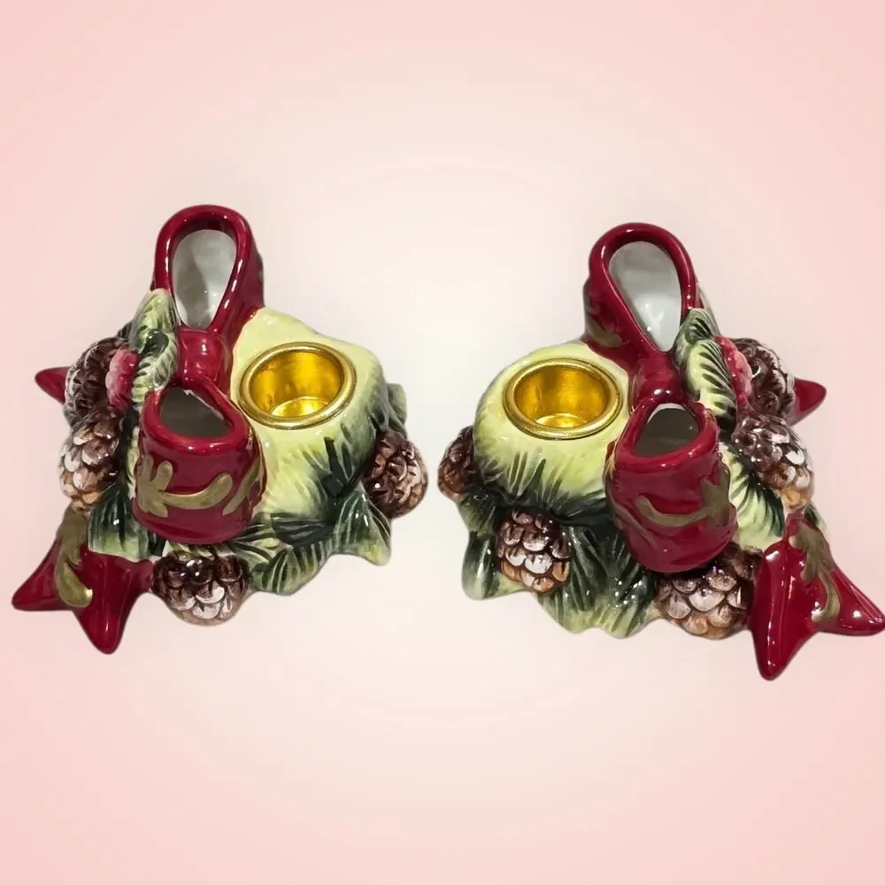 VTG Ceramic Christmas Wreath Candle Holders With Pinecones And Red Bow‎ 3D